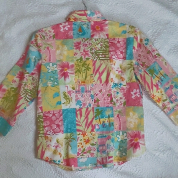 Palm Lilly Patchwork Resort Flamingo Boat Print Button 3/4 Sleeve Blouse, Size 6 - Picture 5 of 16